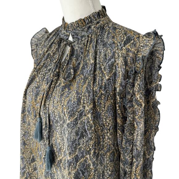 ANTHROPOLOGIE BTFL-Life Blouse Size M Boho Animal Print Ruffle Metallic Threads - Picture 9 of 13